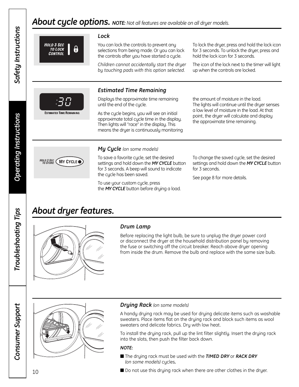 Dryer features, About cycle options, About dryer features | GE DCVH640 User Manual | Page 10 / 56