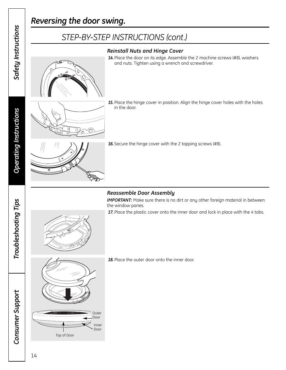 Step-by-step instructions (cont.), Reversing the door swing | GE DCVH640 User Manual | Page 14 / 56