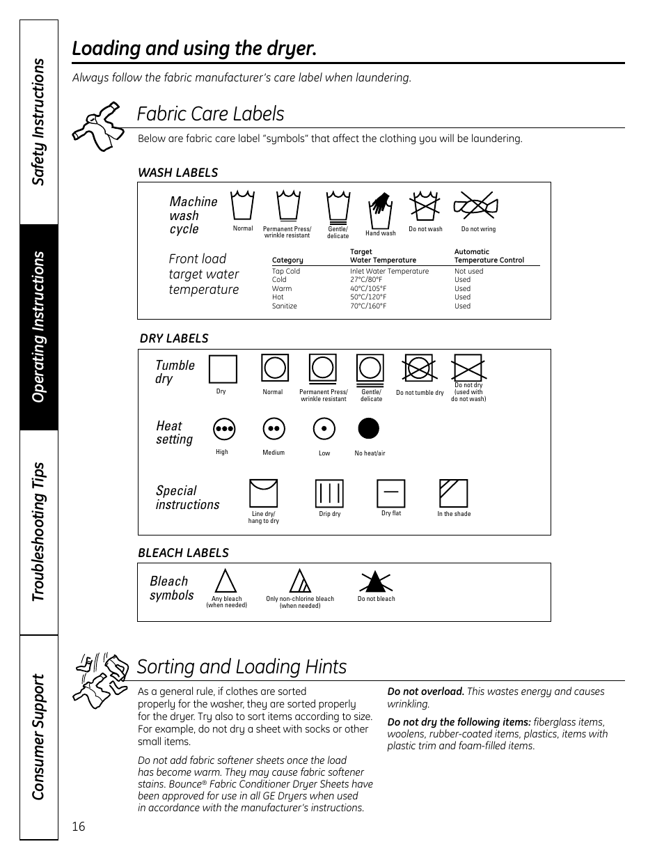 Loading and using the dryer, Loading and using the dryer , 17, Fabric care labels | Machine wash cycle, Tumble dry, Heat setting, Special instructions, Bleach symbols, Front load target water temperature, Wash labels dry labels bleach labels | GE DCVH640 User Manual | Page 16 / 56