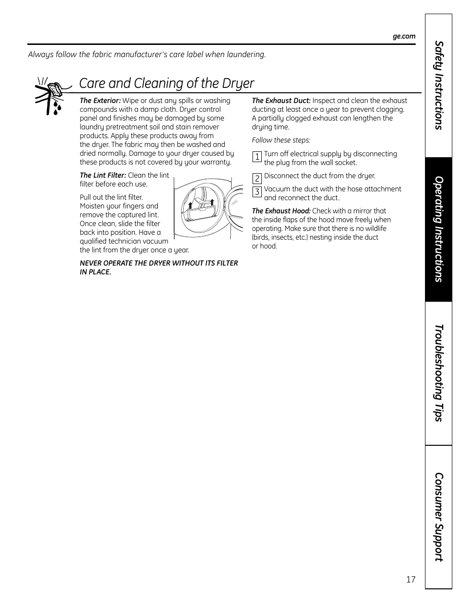 Care and cleaning of the dryer | GE DCVH640 User Manual | Page 17 / 56