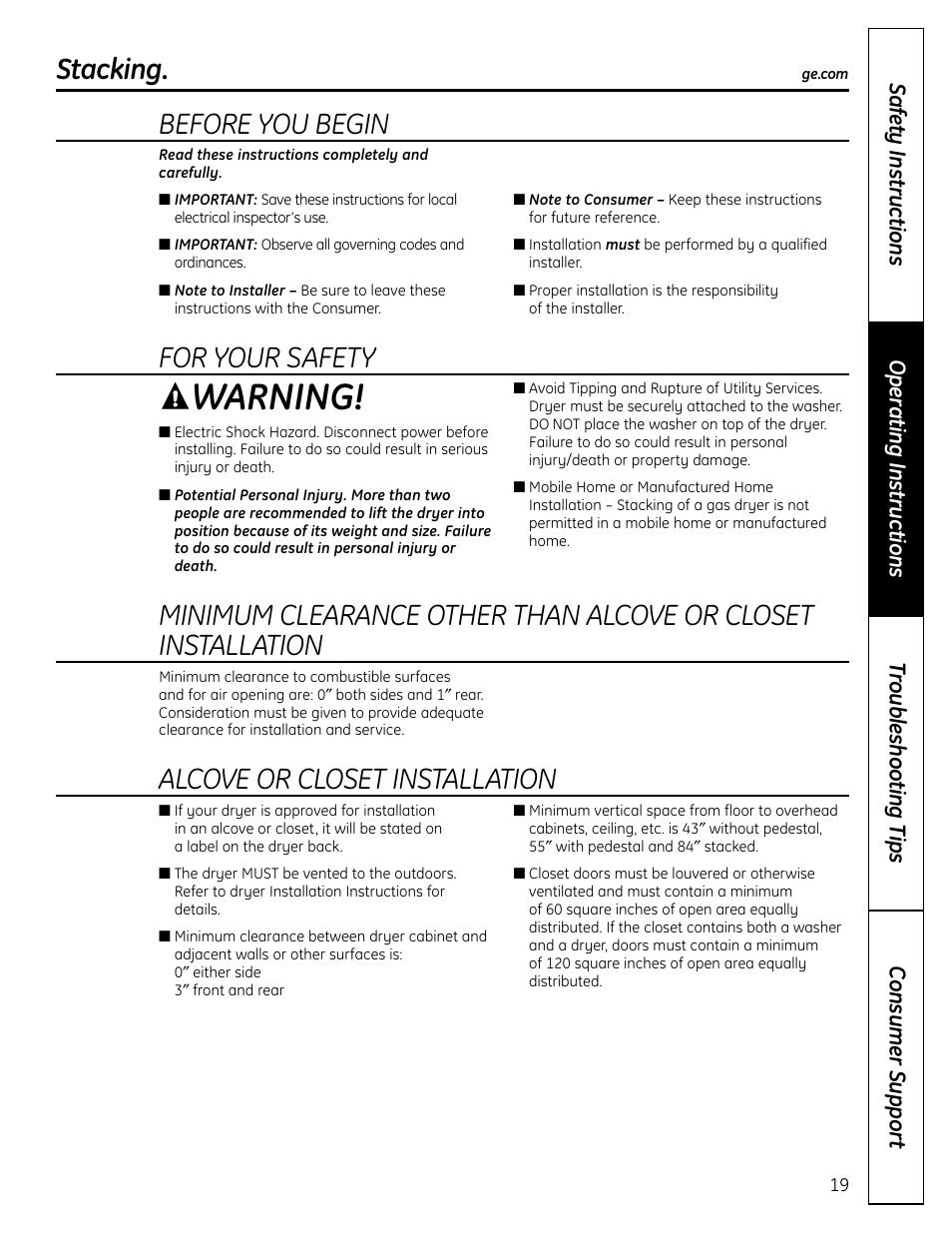 Stacking, Stacking –22, Warning | Before you begin, For your safety, Alcove or closet installation | GE DCVH640 User Manual | Page 19 / 56