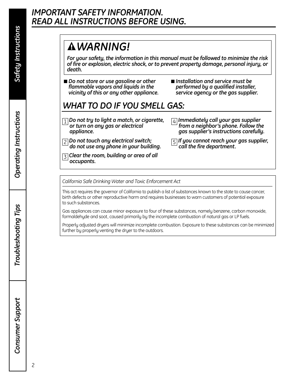 Safety instructions, Warning, What to do if you smell gas | GE DCVH640 User Manual | Page 2 / 56