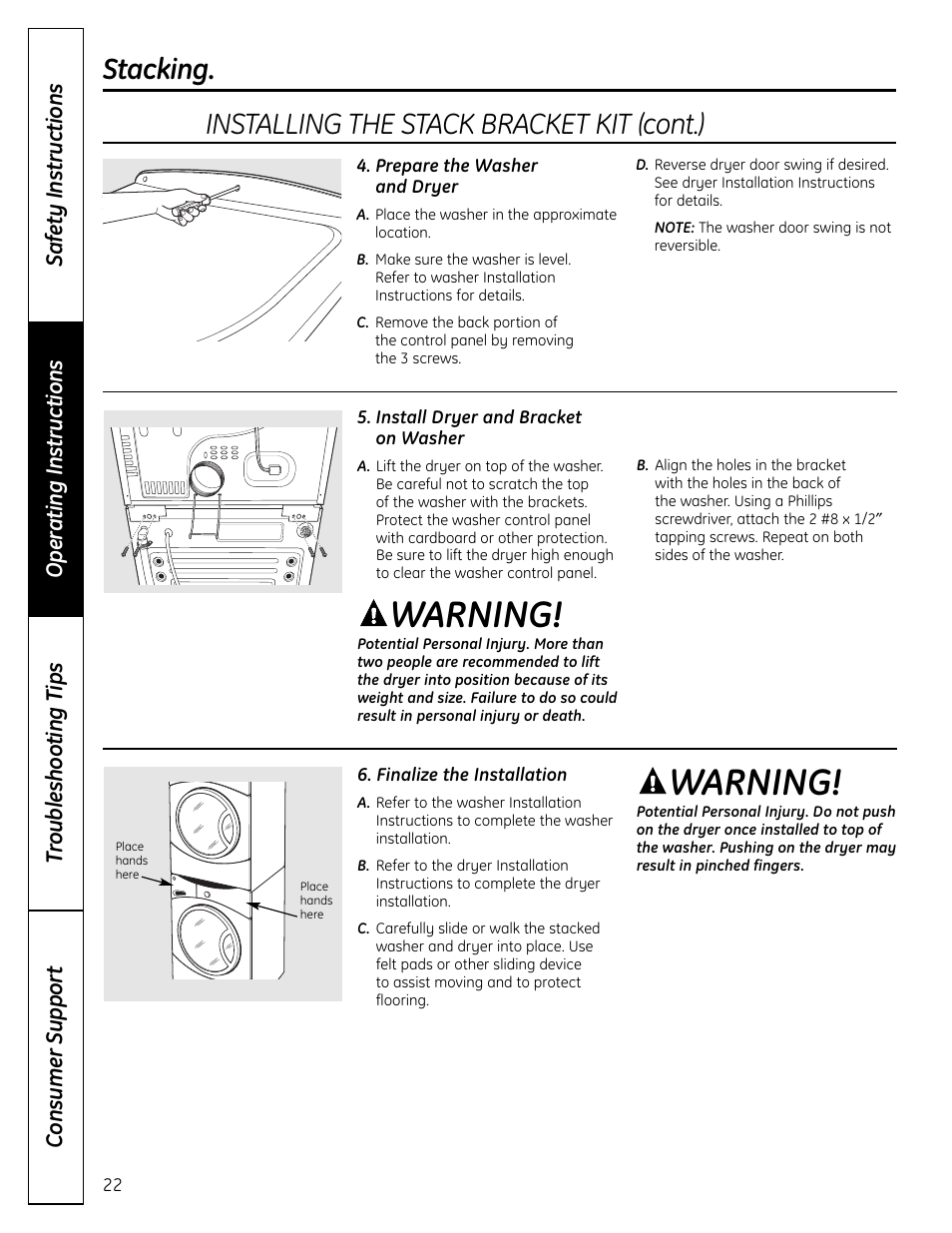 Warning, Stacking, Installing the stack bracket kit (cont.) | GE DCVH640 User Manual | Page 22 / 56