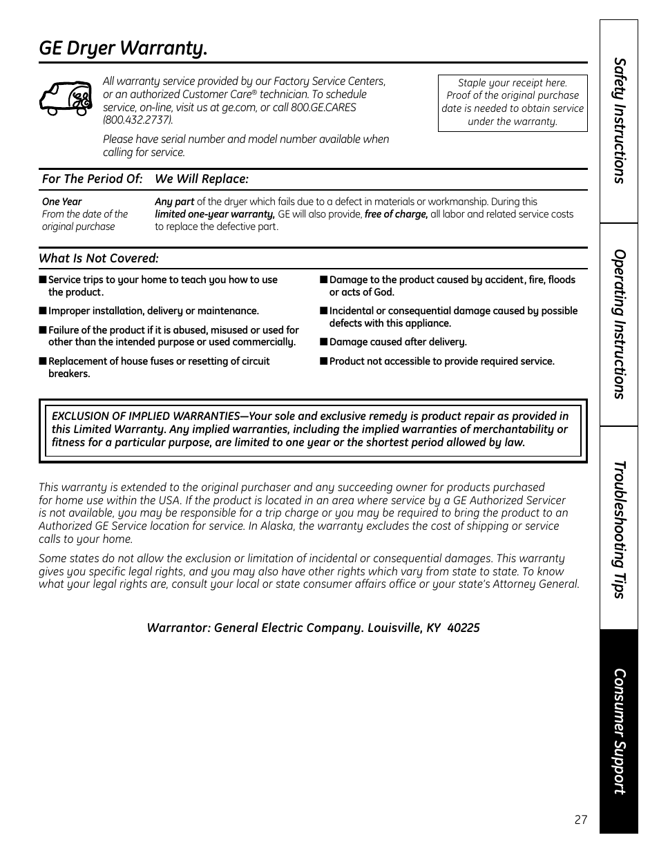 Warranty, Garantía, Ge dryer warranty | GE DCVH640 User Manual | Page 27 / 56