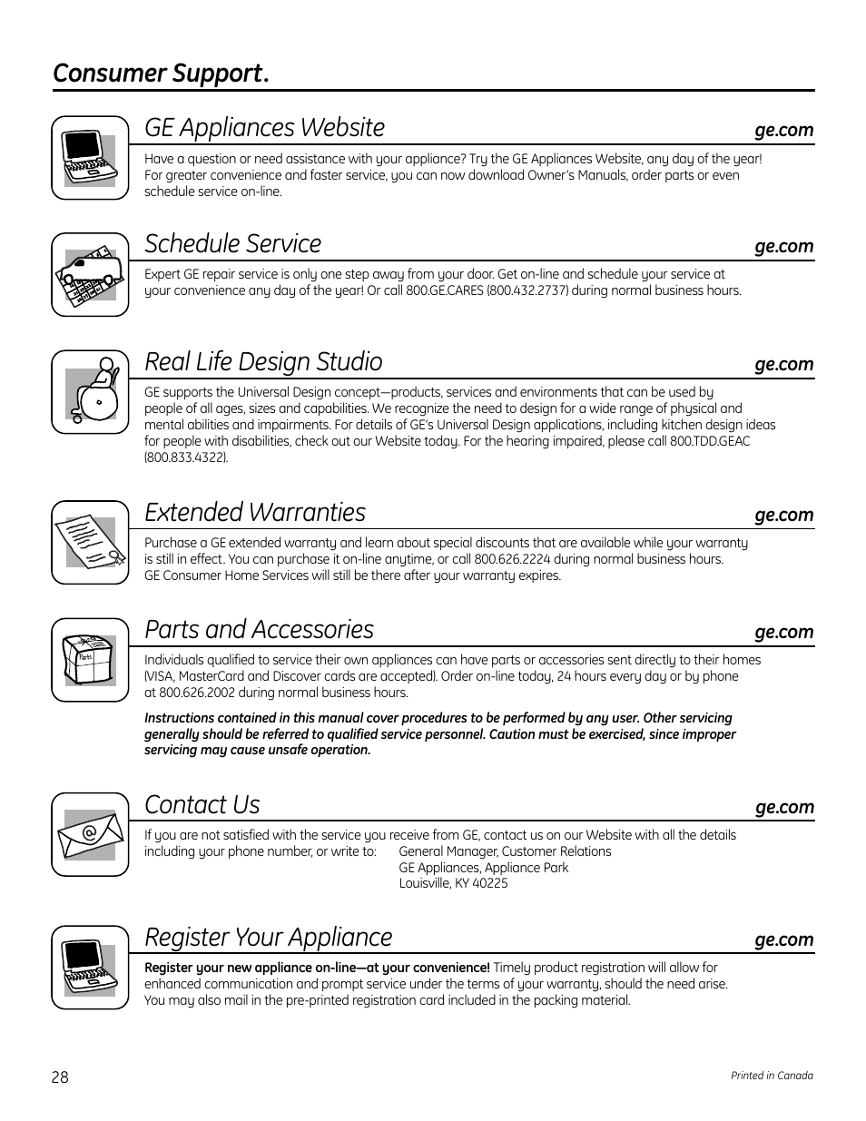 Consumer support, Consumer support. ge appliances website, Schedule service | Real life design studio, Extended warranties, Parts and accessories, Contact us, Register your appliance | GE DCVH640 User Manual | Page 28 / 56