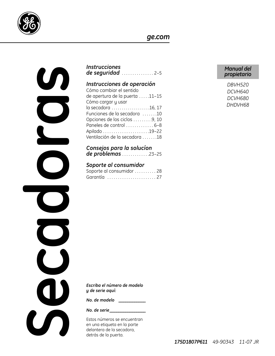 Español, Instrucciones de operación, Soporte al consumidor | Secadoras | GE DCVH640 User Manual | Page 29 / 56