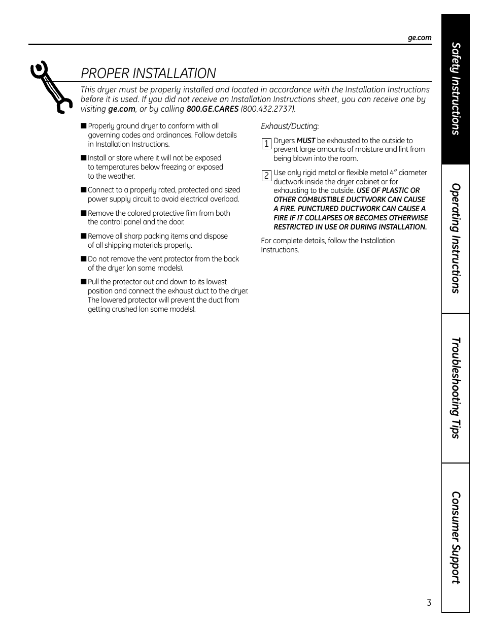 Proper installation | GE DCVH640 User Manual | Page 3 / 56