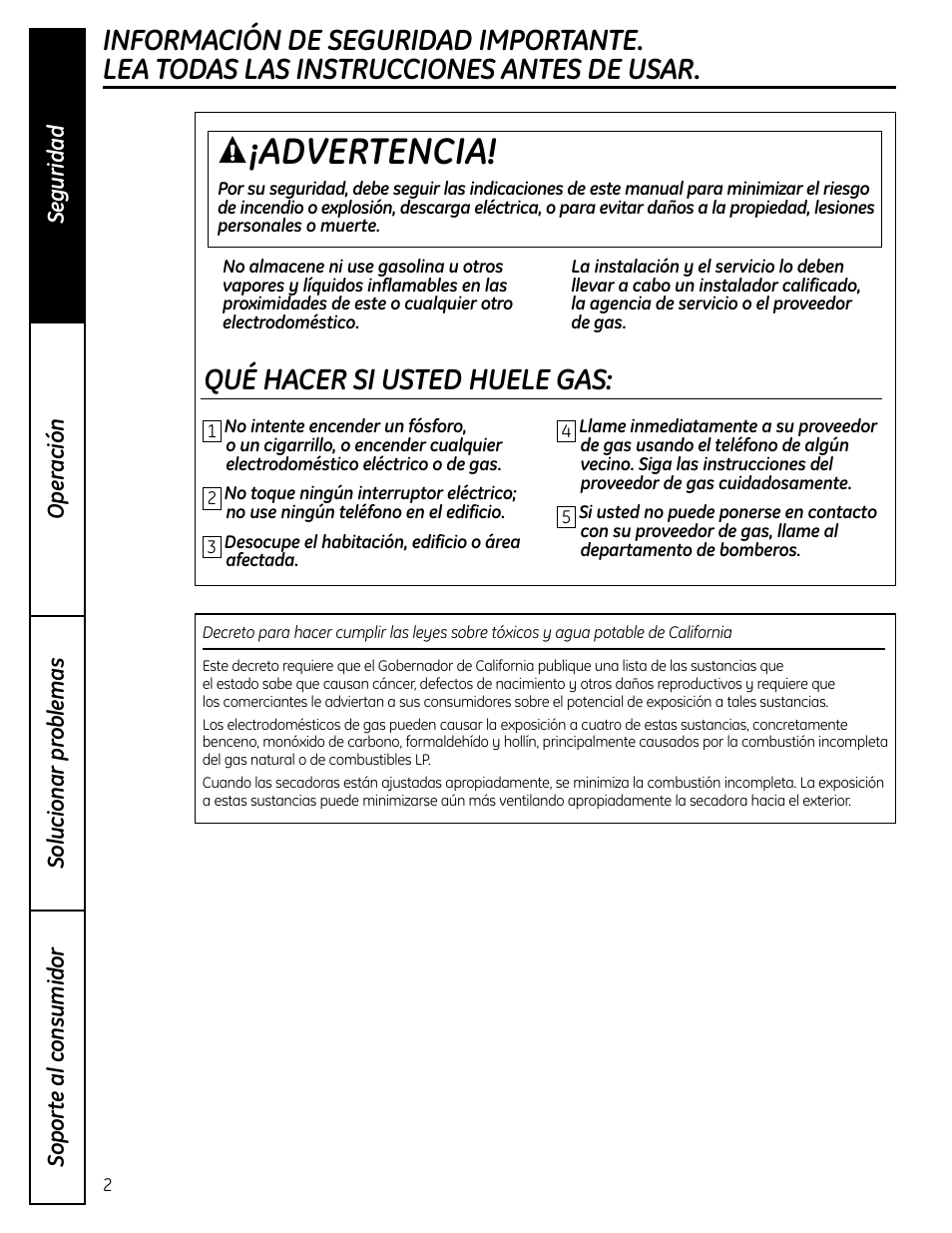 Instrucciones de seguridad, Advertencia, Qué hacer si usted huele gas | GE DCVH640 User Manual | Page 30 / 56