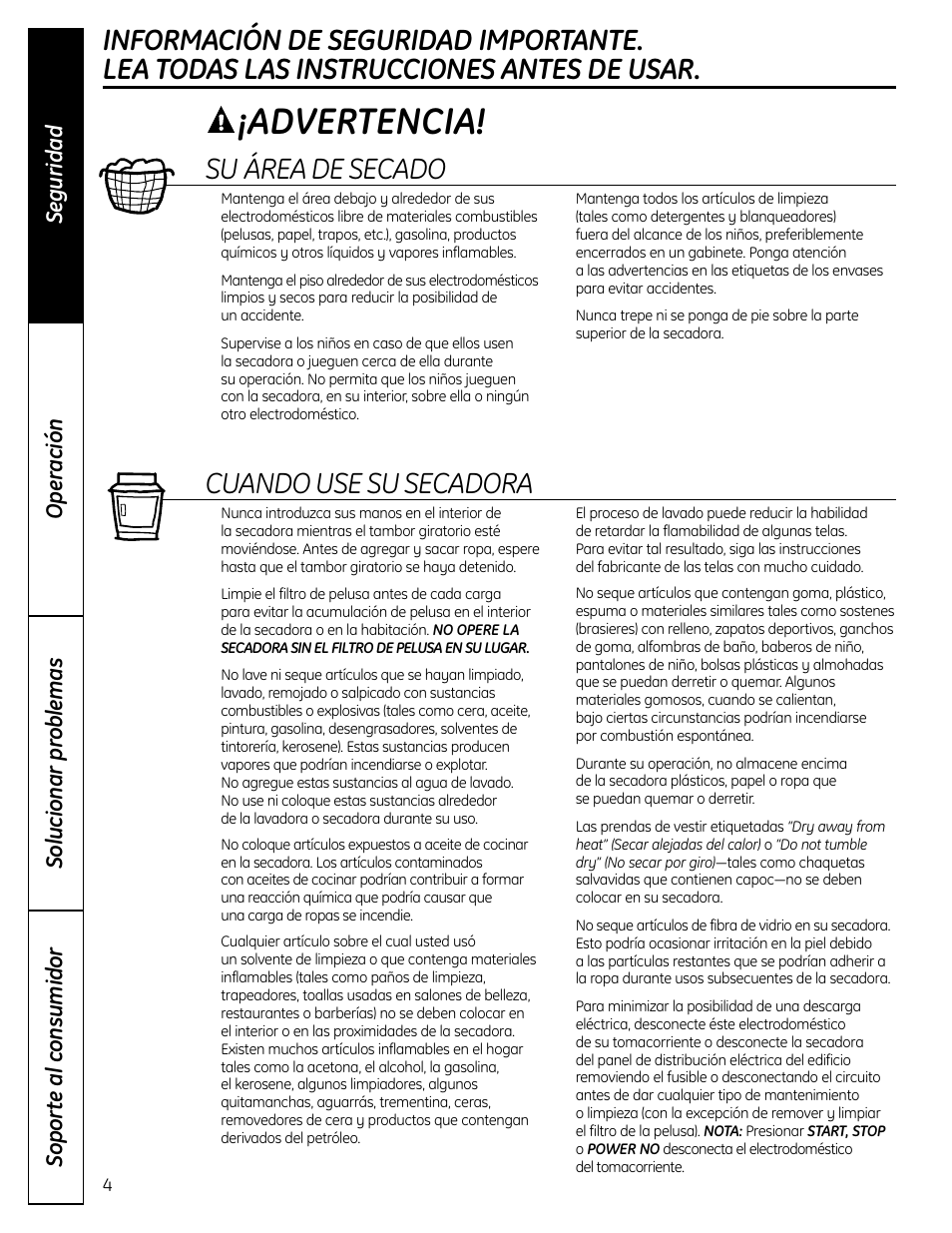 Advertencia, Su área de secado, Cuando use su secadora | GE DCVH640 User Manual | Page 32 / 56