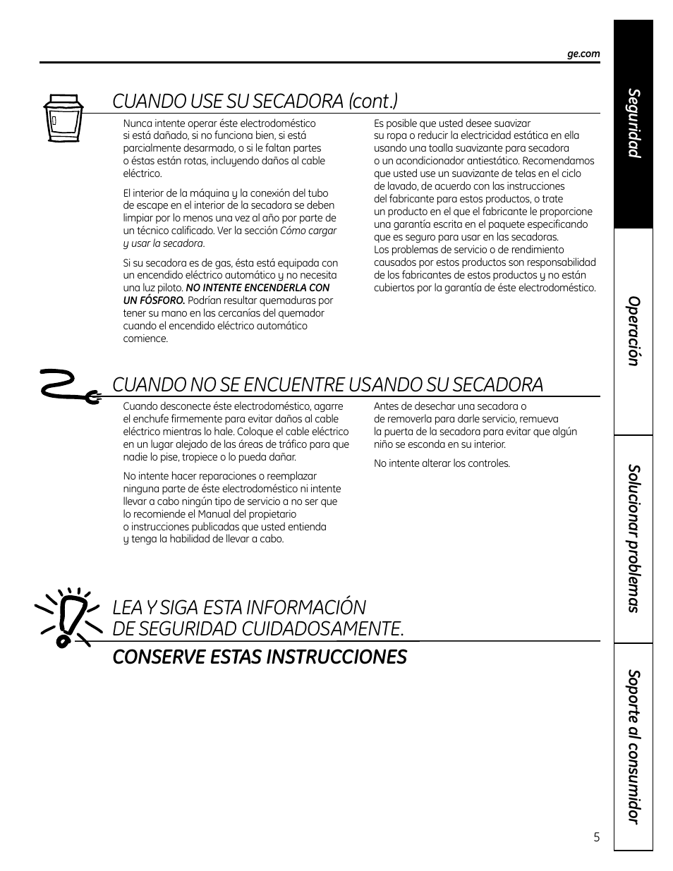 Cuando no se encuentre usando su secadora, Cuando use su secadora (cont.) | GE DCVH640 User Manual | Page 33 / 56