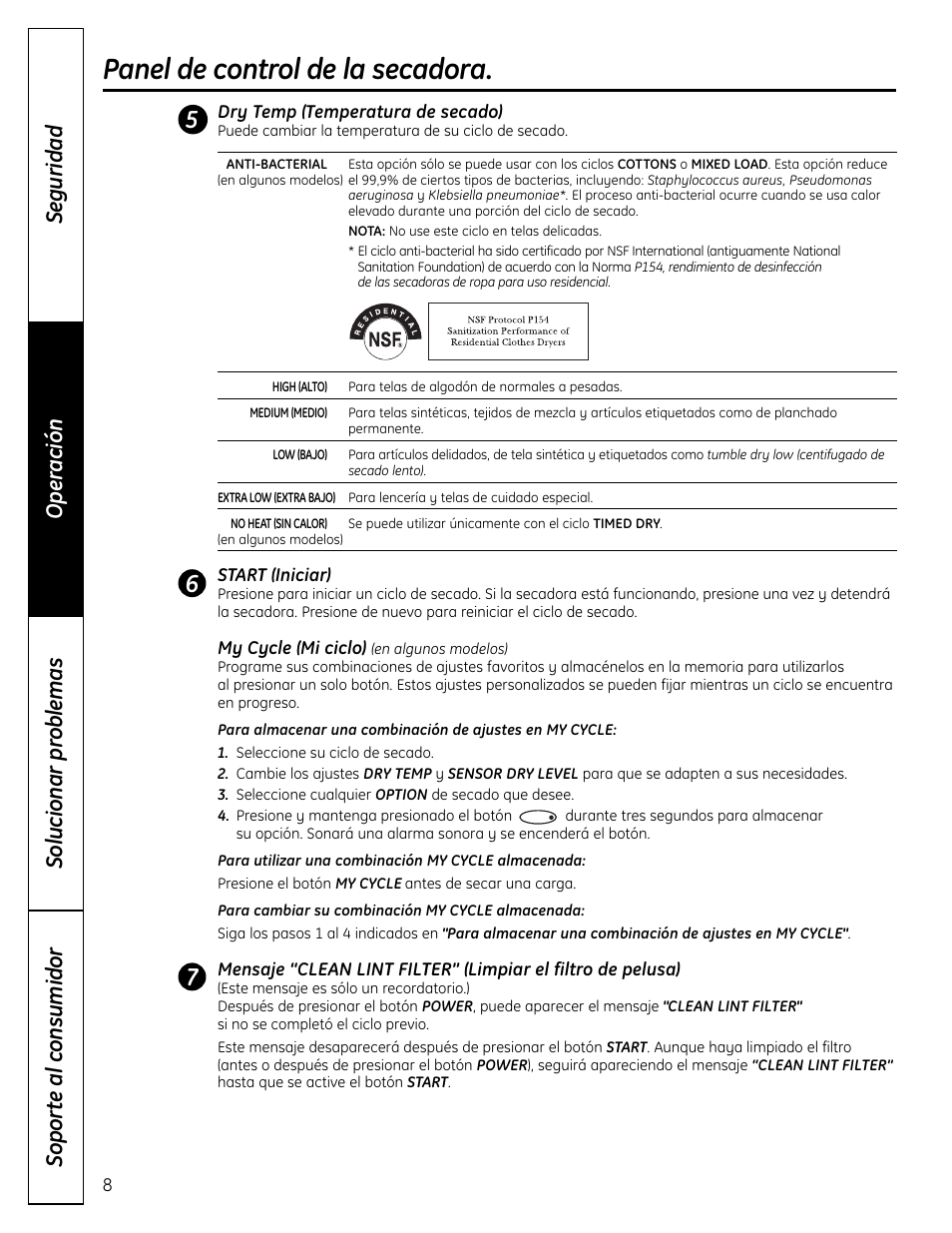 Panel de control de la secadora | GE DCVH640 User Manual | Page 36 / 56