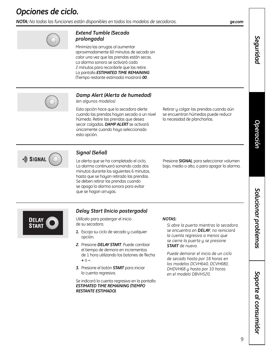 Opciones de los ciclos, Opciones de los ciclos , 10, Opciones de ciclo | GE DCVH640 User Manual | Page 37 / 56