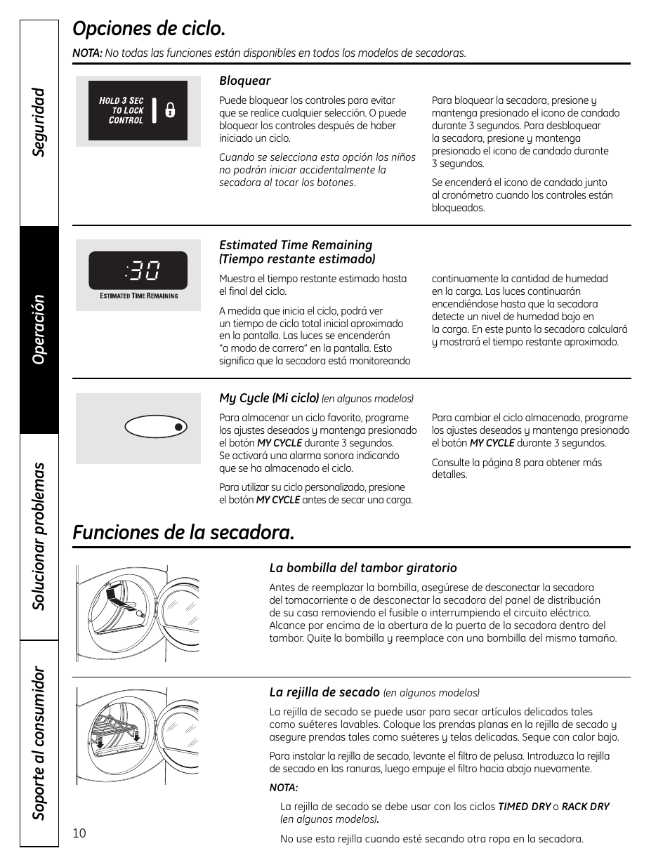 Funciones de la secadora, Opciones de ciclo | GE DCVH640 User Manual | Page 38 / 56