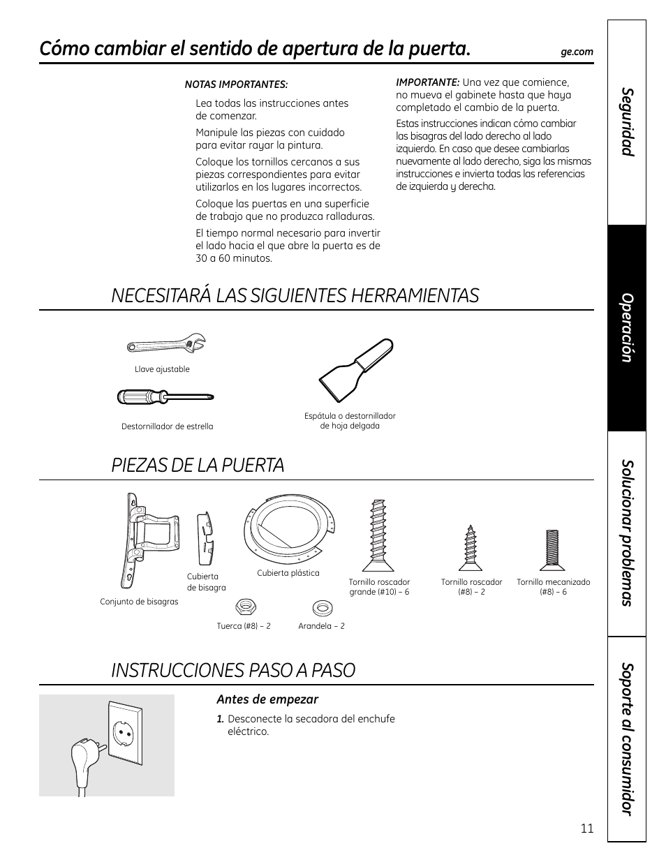 Cómo cambiar el sentido de apertura de la puerta, Necesitará las siguientes herramientas, Piezas de la puerta | Instrucciones paso a paso | GE DCVH640 User Manual | Page 39 / 56