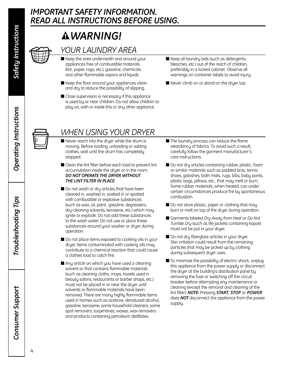 Warning, Your laundry area, When using your dryer | GE DCVH640 User Manual | Page 4 / 56