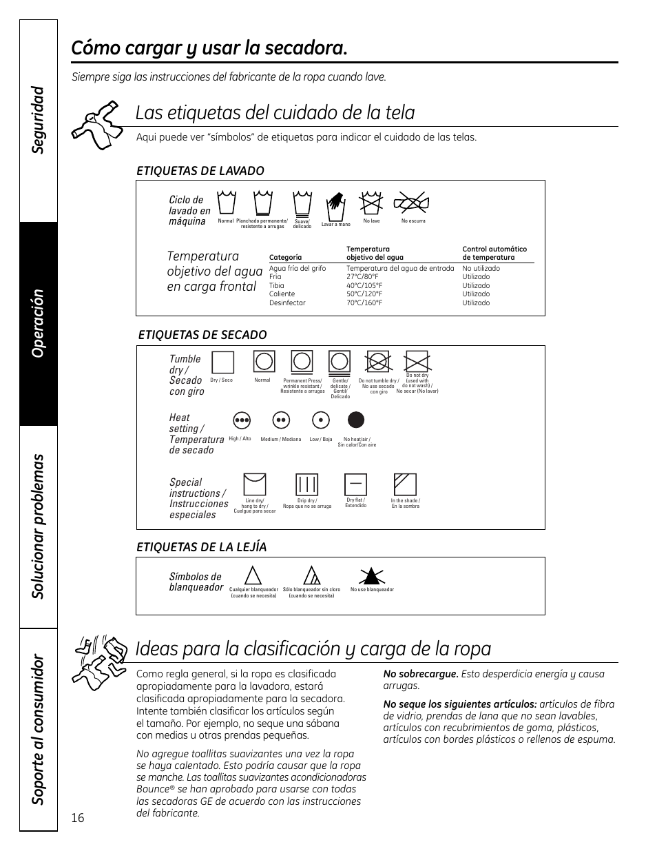 Cómo cargar y usar la secadora, Cómo cargar y usar la secadora , 17, Las etiquetas del cuidado de la tela | Temperatura objetivo del agua en carga frontal | GE DCVH640 User Manual | Page 44 / 56