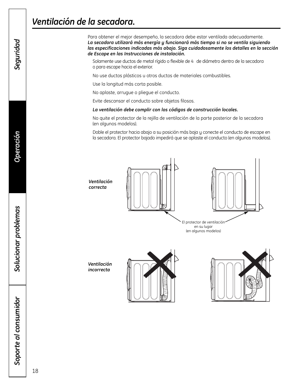 Ventilación de la secadora | GE DCVH640 User Manual | Page 46 / 56