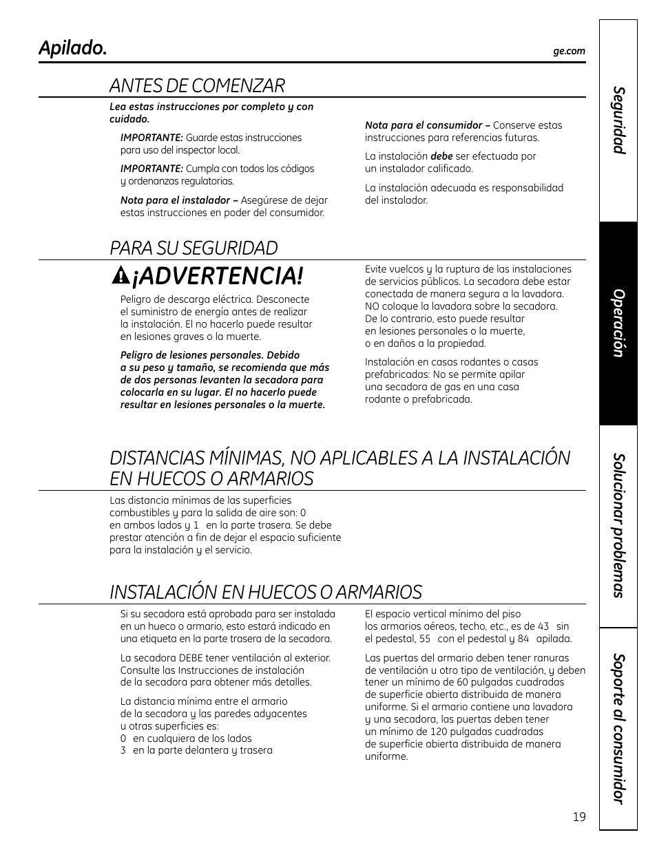 Apilado, Apilado –22, Advertencia | Antes de comenzar, Para su seguridad, Instalación en huecos o armarios | GE DCVH640 User Manual | Page 47 / 56