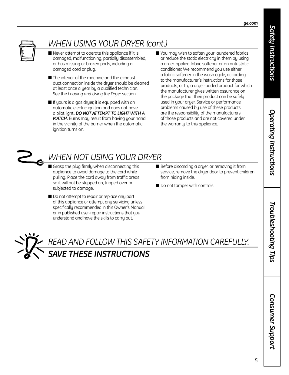 When not using your dryer, When using your dryer (cont.) | GE DCVH640 User Manual | Page 5 / 56