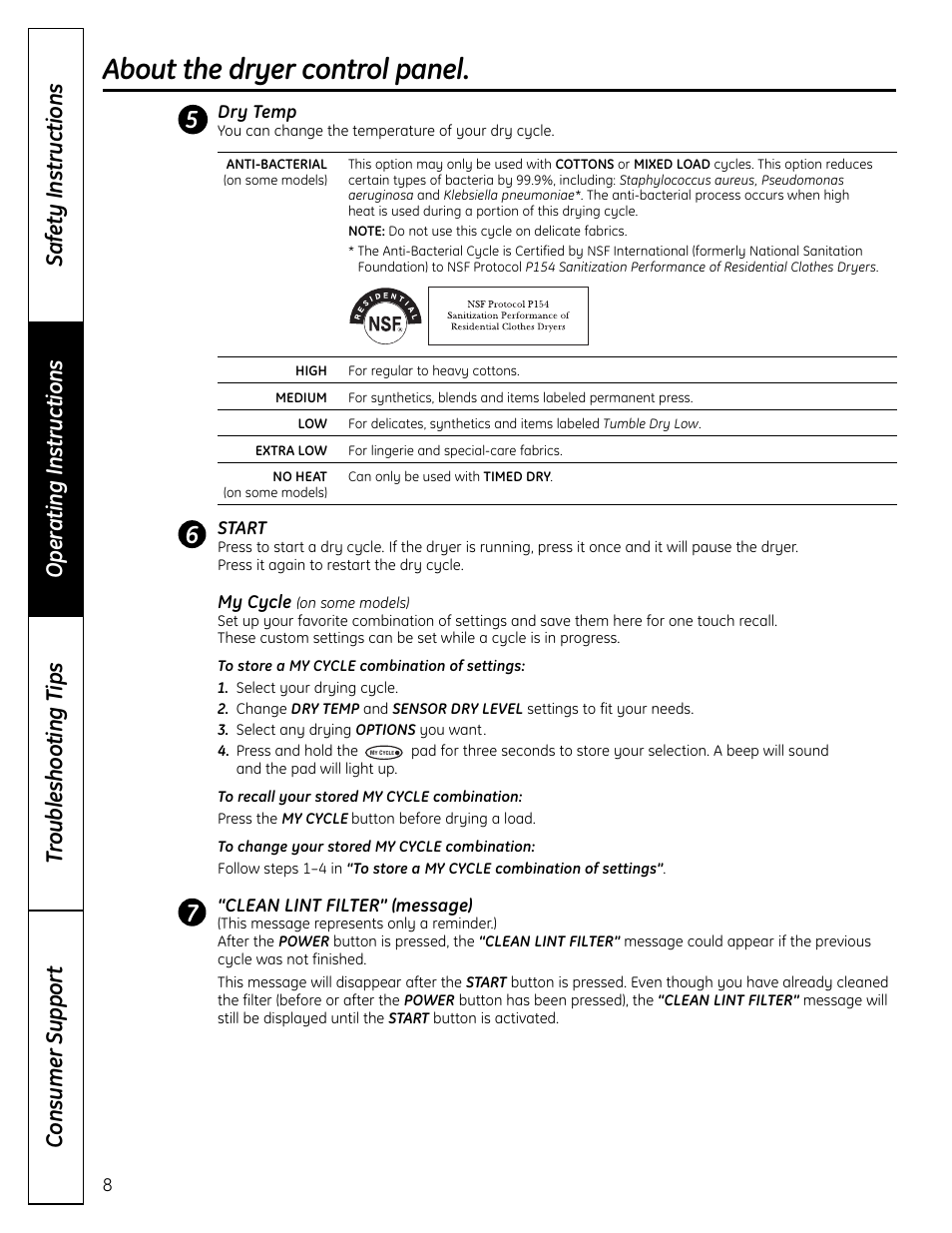 About the dryer control panel | GE DCVH640 User Manual | Page 8 / 56