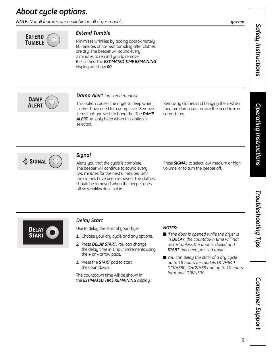 Cycle options, Cycle options , 10, About cycle options | GE DCVH640 User Manual | Page 9 / 56