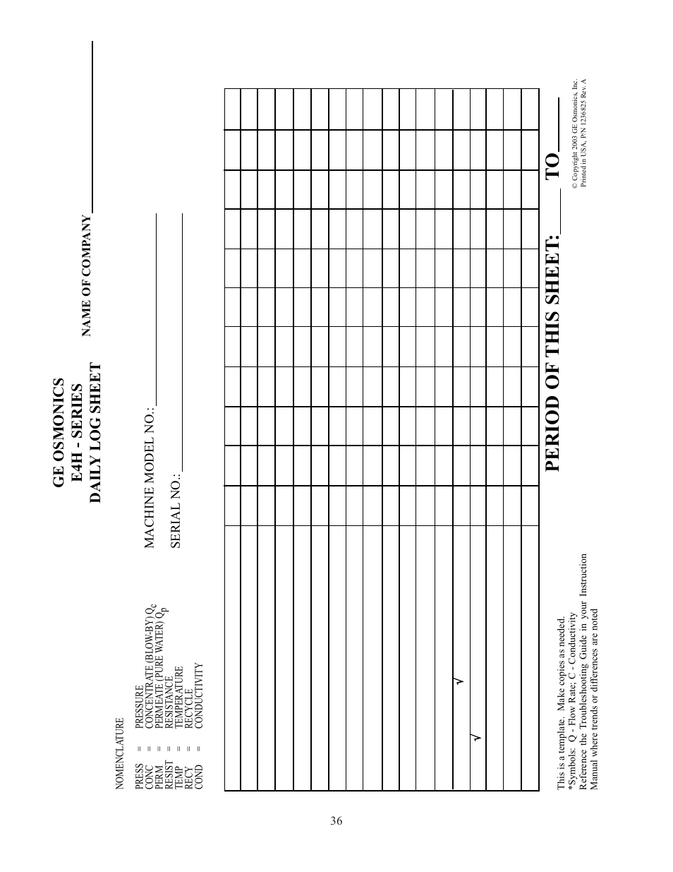 Period of this sheet : t o, Ge osmonics e4h - series dail y log sheet | GE E4H Series User Manual | Page 42 / 44