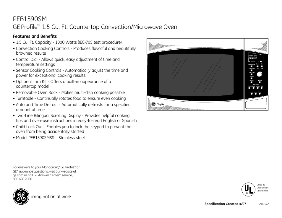 Peb1590sm, Profile, 5 cu. ft. countertop convection/microwave oven | GE PEB1590SM User Manual | Page 2 / 2