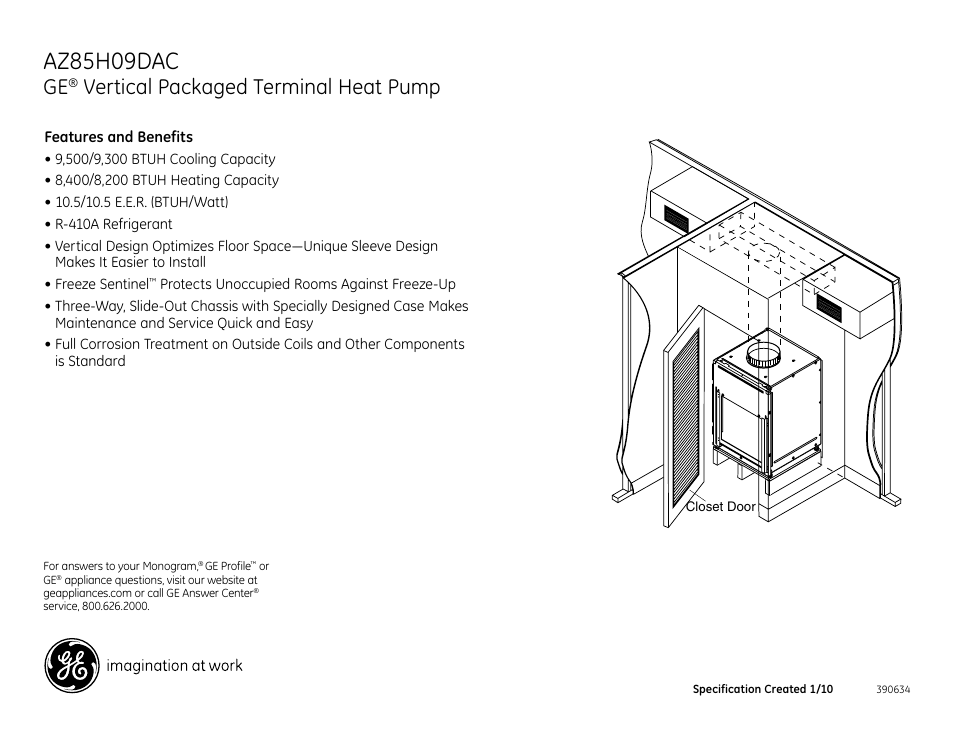 Az85h09dac, Vertical packaged terminal heat pump | GE AZ85H09DAC User Manual | Page 2 / 2