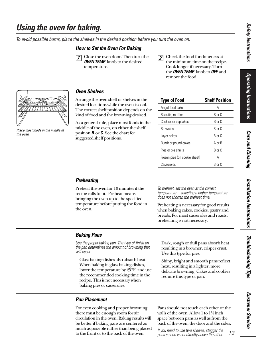 Using the oven for baking, Oven shelves, Preheating | Baking pans, Pan placement | GE 164D3333P185-1 User Manual | Page 13 / 36