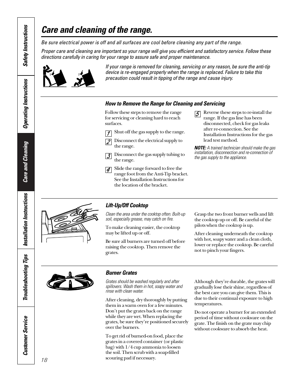 Lift-up cooktop, Care and cleaning of the range | GE 164D3333P185-1 User Manual | Page 18 / 36