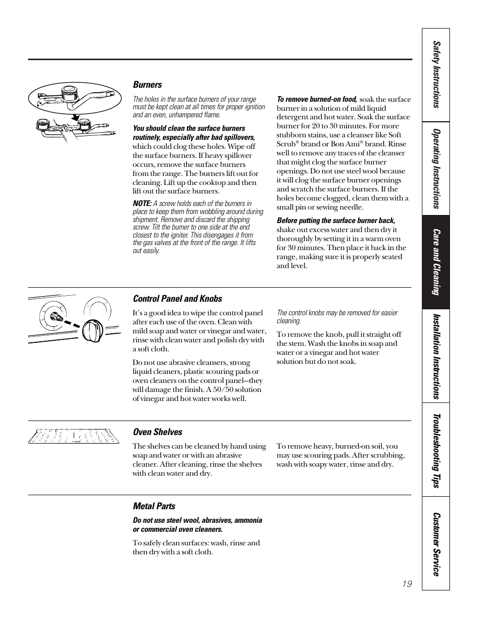 Burners, Oven shelves, Burners oven shelves | GE 164D3333P185-1 User Manual | Page 19 / 36