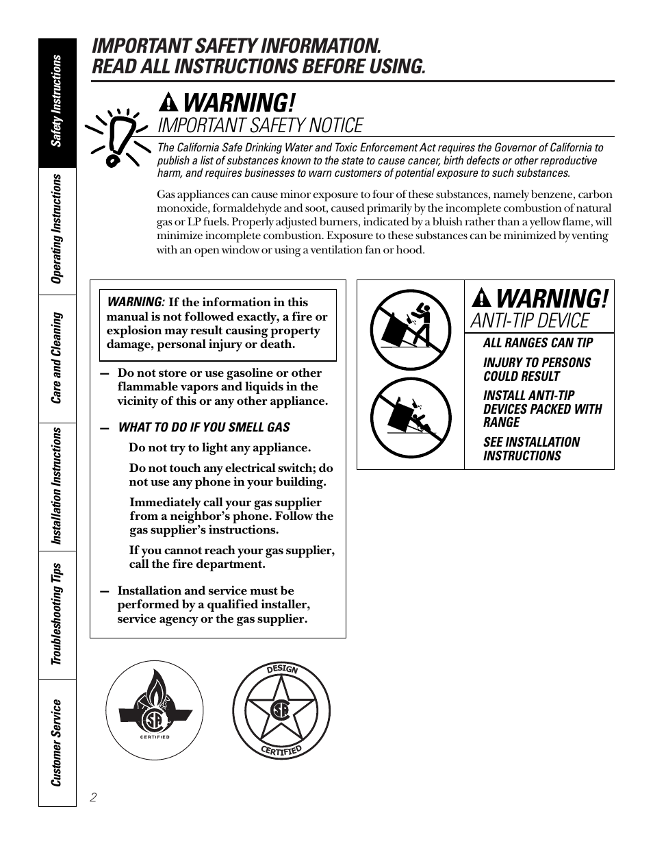 Warning, Anti-tip device, Important safety notice | GE 164D3333P185-1 User Manual | Page 2 / 36