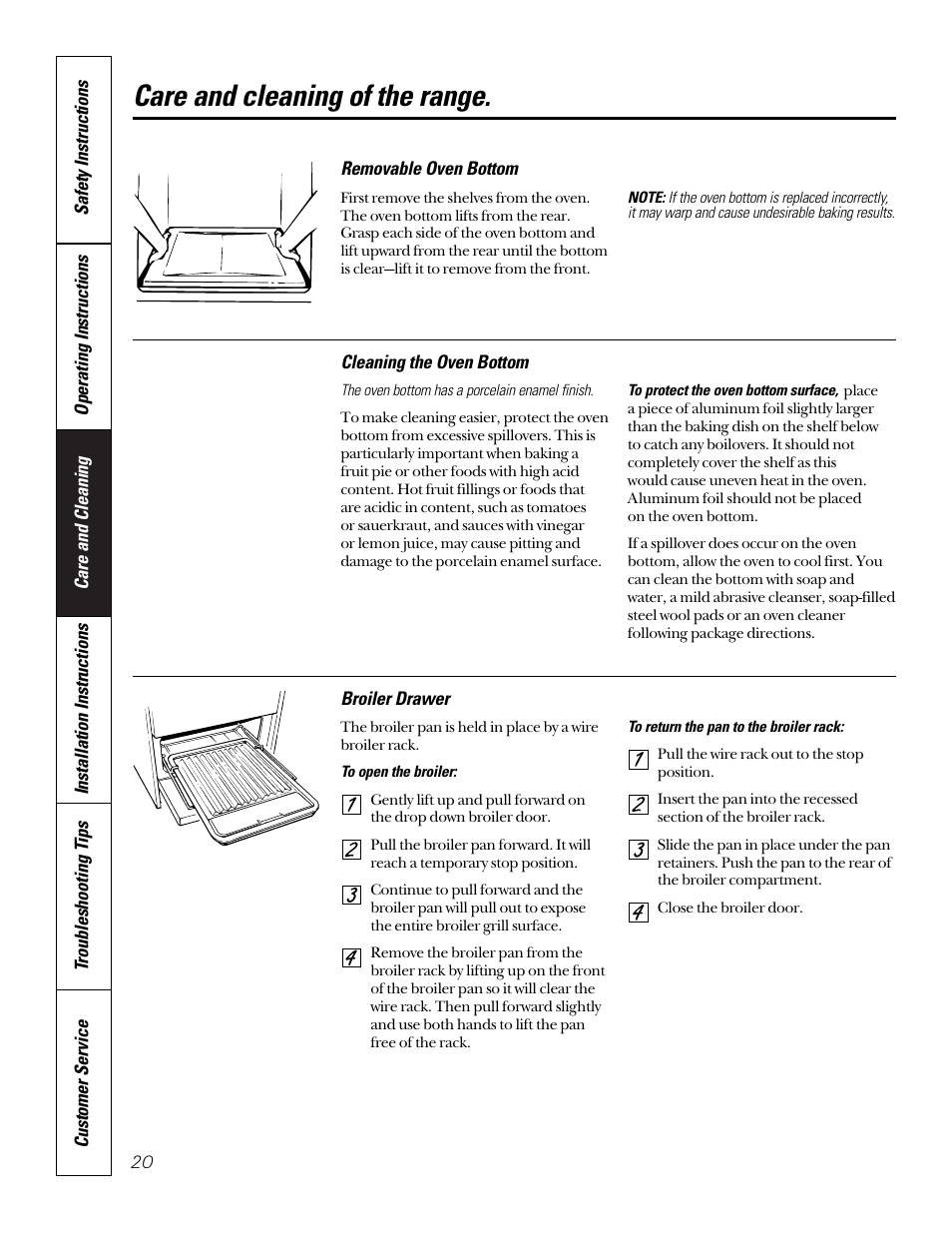 Removable oven bottom, Care and cleaning of the range | GE 164D3333P185-1 User Manual | Page 20 / 36