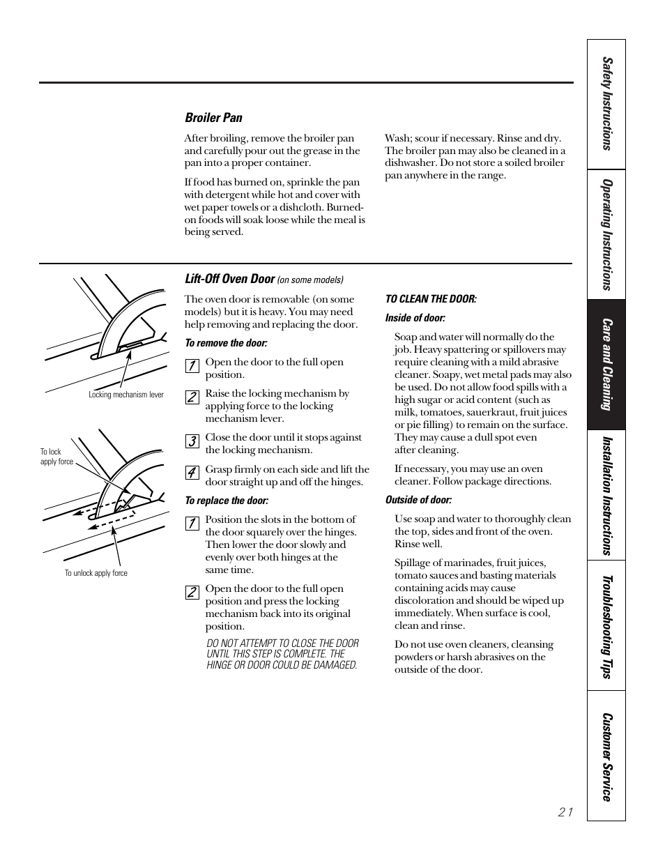 Lift-off oven door | GE 164D3333P185-1 User Manual | Page 21 / 36