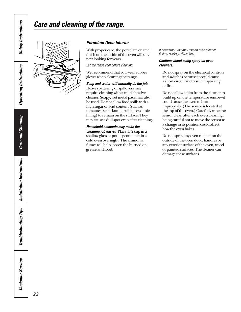Porcelain oven interior, Care and cleaning of the range | GE 164D3333P185-1 User Manual | Page 22 / 36