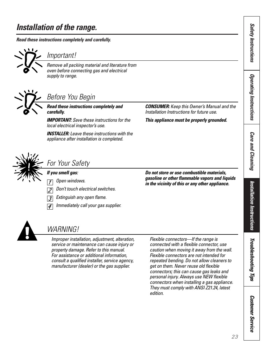 Before you begin, Installation of the range, Important | For your safety, Warning | GE 164D3333P185-1 User Manual | Page 23 / 36