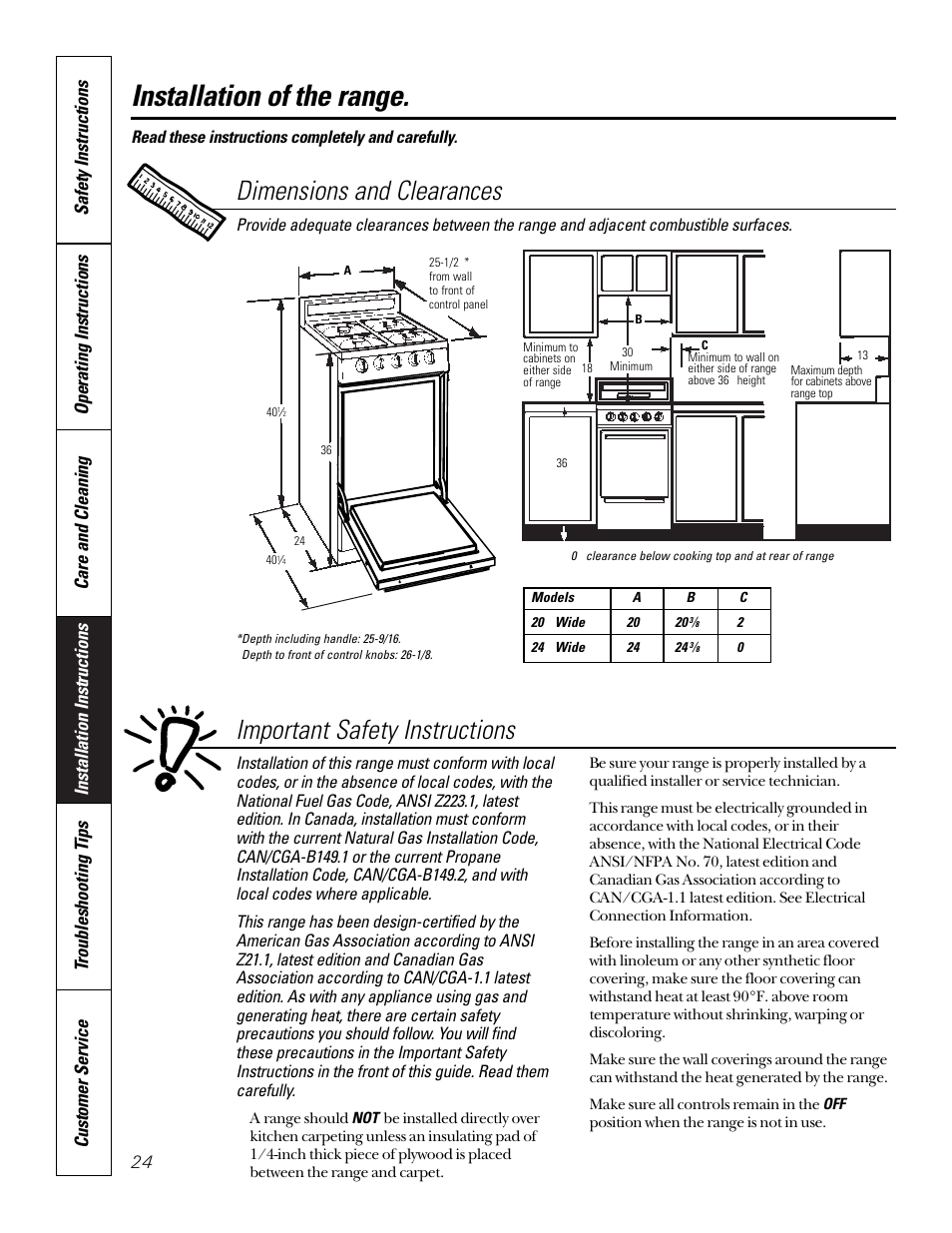 Dimensions & clearances, Installation of the range, Dimensions and clearances | Important safety instructions | GE 164D3333P185-1 User Manual | Page 24 / 36