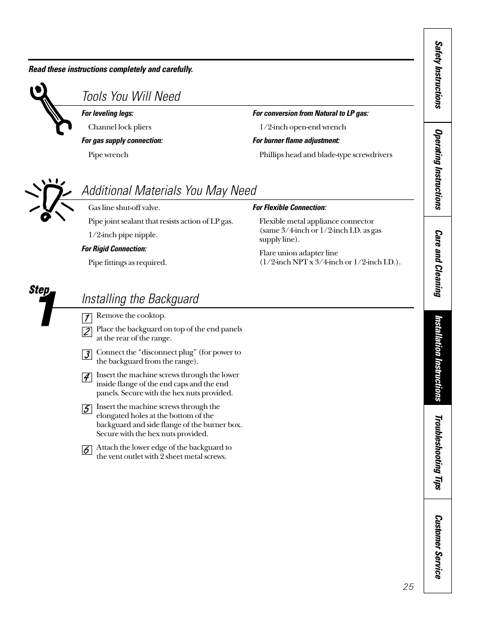 Additional materials you may need, Tools you will need, Installing the backguard | GE 164D3333P185-1 User Manual | Page 25 / 36