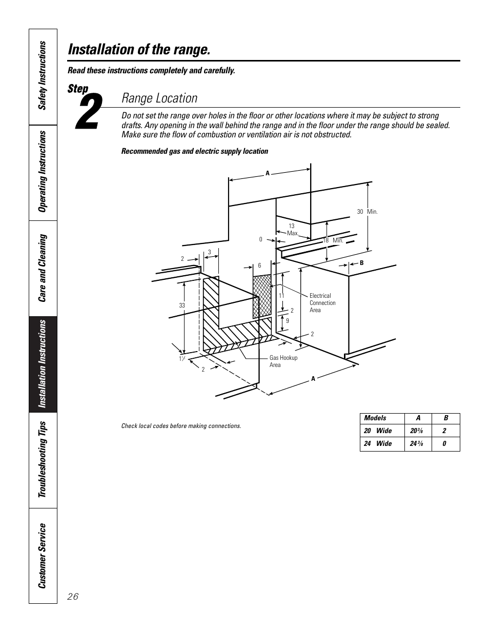 Installation of the range, Range location, Read these instructions completely and carefully | GE 164D3333P185-1 User Manual | Page 26 / 36