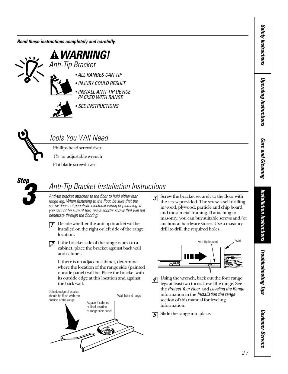 Anti-tip device, Warning, Anti-tip bracket | Tools you will need, Anti-tip bracket installation instructions | GE 164D3333P185-1 User Manual | Page 27 / 36