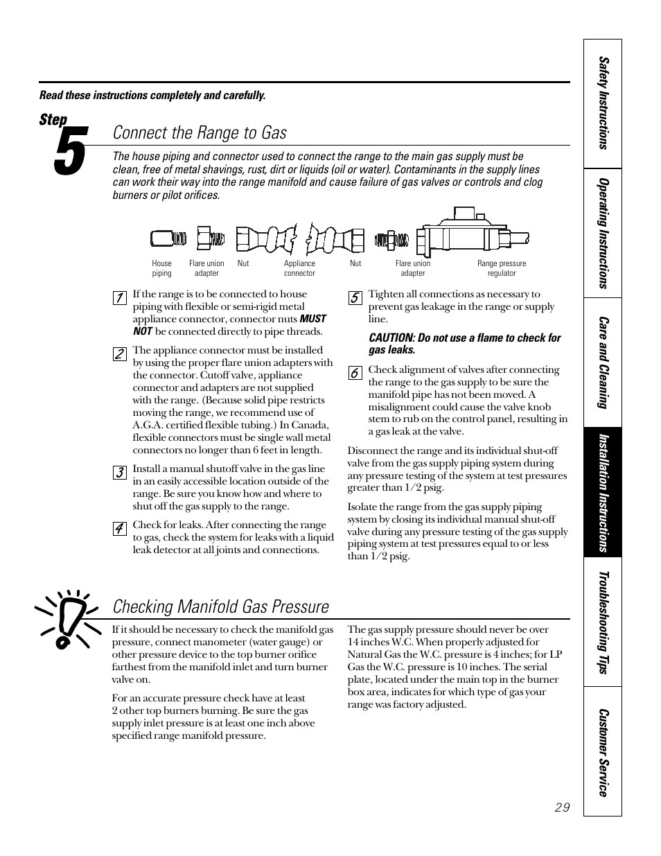 Connect the range to gas, Checking manifold gas pressure | GE 164D3333P185-1 User Manual | Page 29 / 36