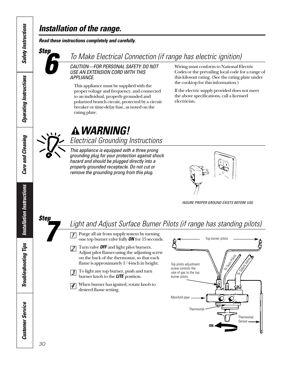Warning, Installation of the range, Electrical grounding instructions | GE 164D3333P185-1 User Manual | Page 30 / 36