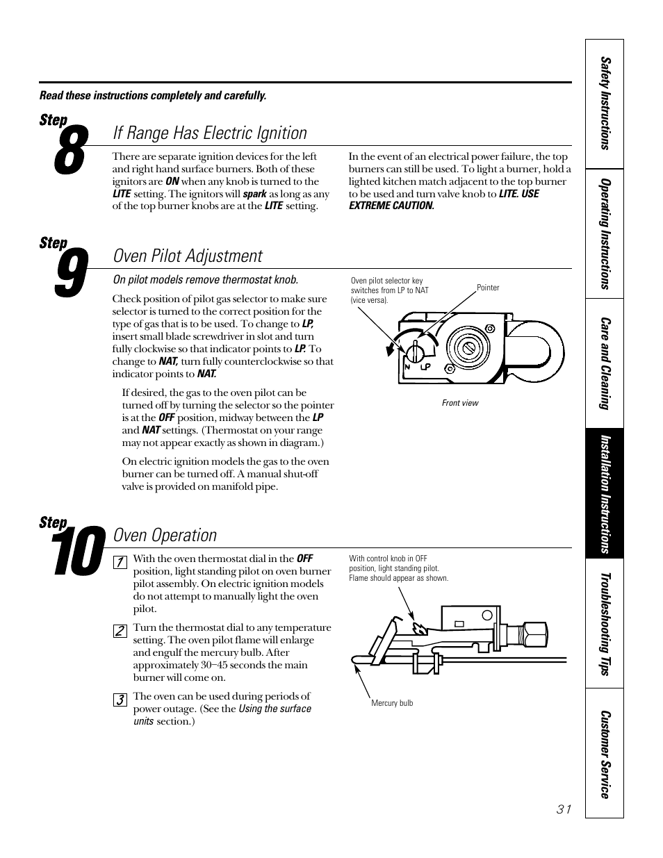 If range has electric ignition, Oven pilot adjustment, Oven operation | GE 164D3333P185-1 User Manual | Page 31 / 36