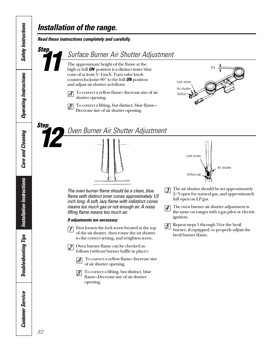 Air shutter adjustment, Installation of the range, Surface burner air shutter adjustment | Oven burner air shutter adjustment | GE 164D3333P185-1 User Manual | Page 32 / 36