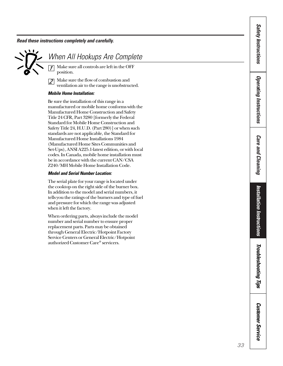 When all hookups are complete | GE 164D3333P185-1 User Manual | Page 33 / 36