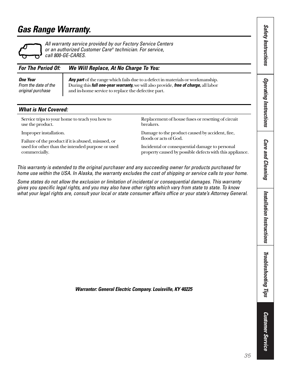 Warranty, Gas range warranty | GE 164D3333P185-1 User Manual | Page 35 / 36