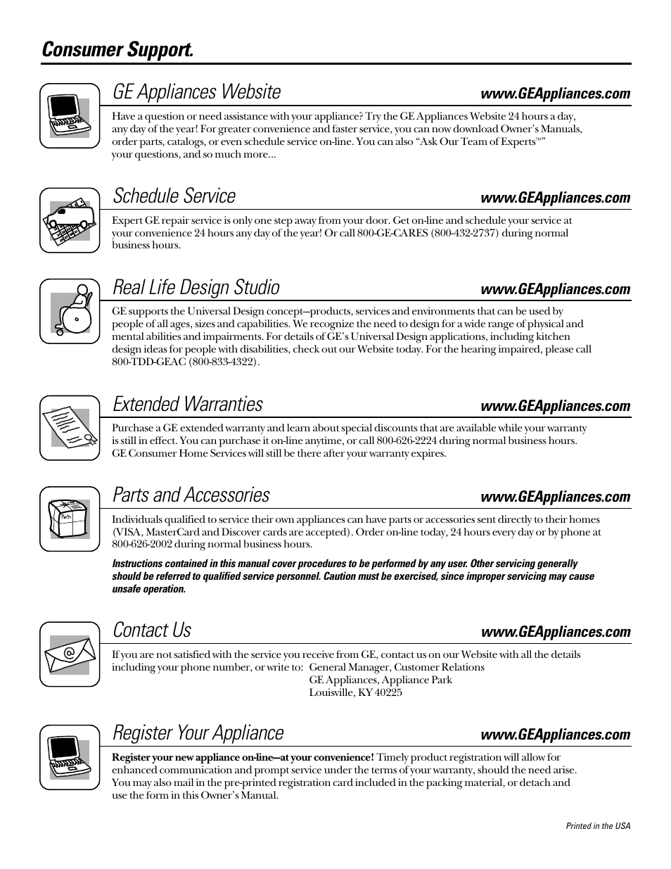 Service telephone numbers, Consumer support. ge appliances website, Schedule service | Real life design studio, Extended warranties, Parts and accessories, Contact us, Register your appliance | GE 164D3333P185-1 User Manual | Page 36 / 36