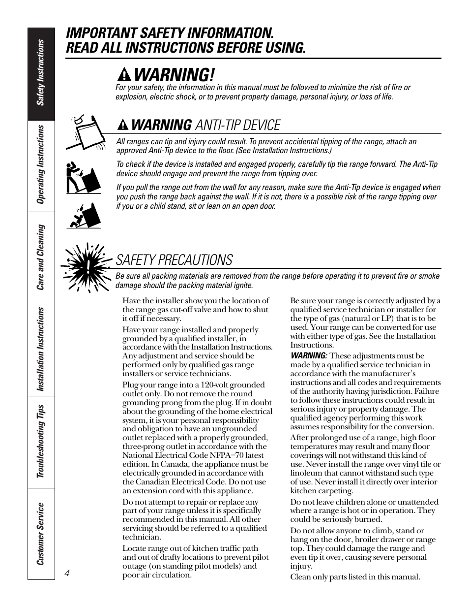 Anti-tip device, Safety precautions, Anti-tip device safety precautions , 5 | Warning, Warning anti-tip device safety precautions | GE 164D3333P185-1 User Manual | Page 4 / 36