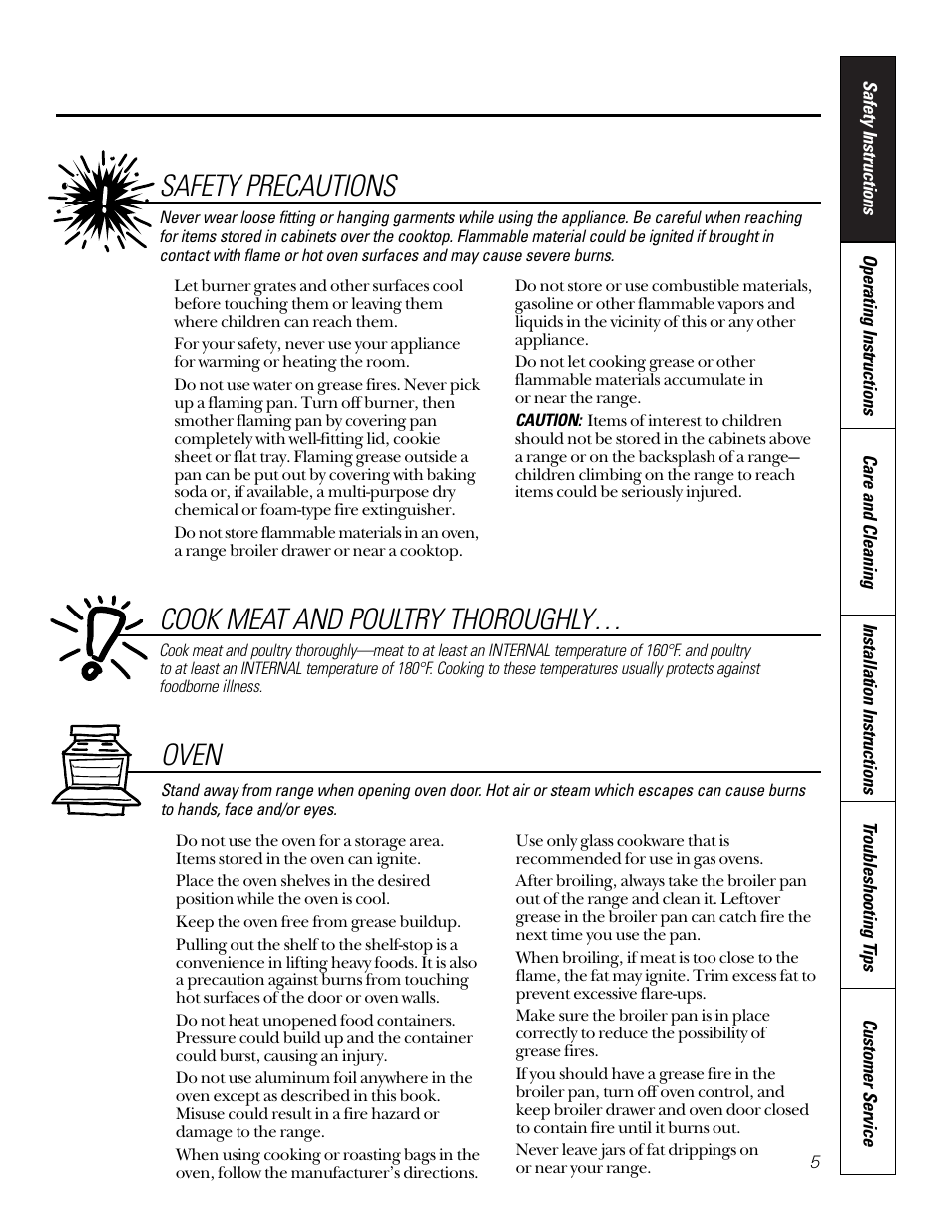 Oven, Safety precautions, Cook meat and poultry thoroughly | GE 164D3333P185-1 User Manual | Page 5 / 36