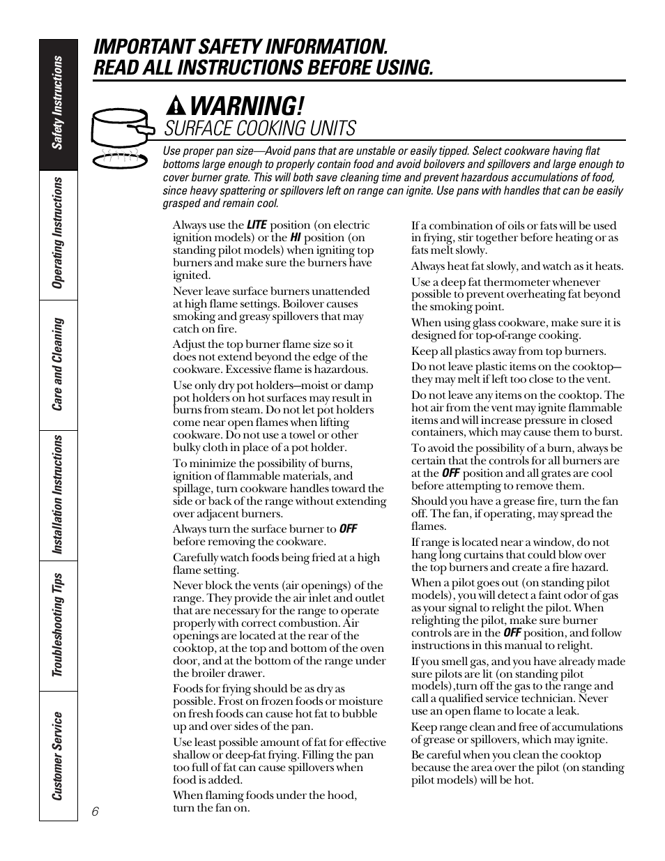 Surface cooking units, Warning | GE 164D3333P185-1 User Manual | Page 6 / 36